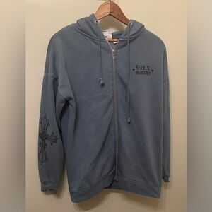 Blue Zip-Up Hoodie with Cross Design
